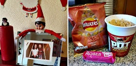 The Christmas elf on the shelf and a pot noodle and packet of crisps