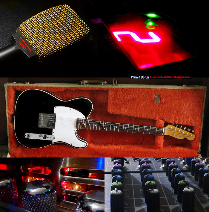 Studio equipment including Sennheiser guitar mic, Boss ME5, black Fender Esquire, Mesa Boogie tube preamp and mini mixer