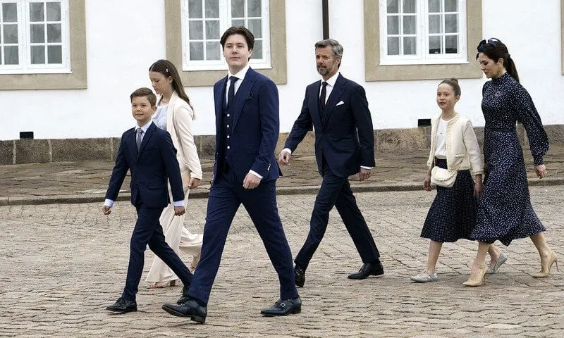 Crown Princess Mary wore IRIS & INK Alison polka-dot satin midi dress. Princess Isabella wore an ivory blazer suit from MaxMara