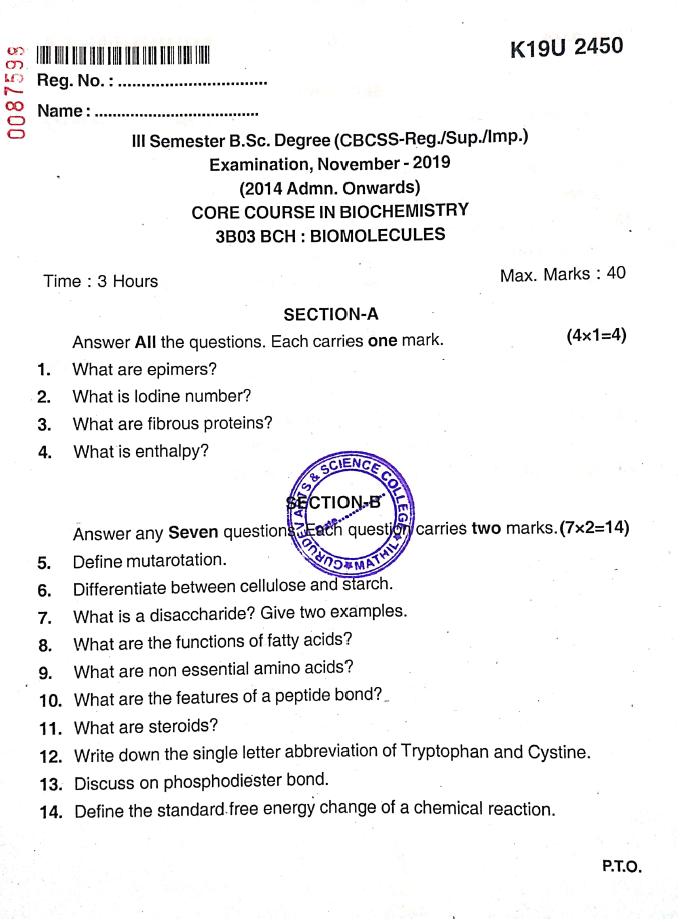 Kannur University B.Sc. Biochemistry 3B03BCH BIOMOLECULES NOVEMBER