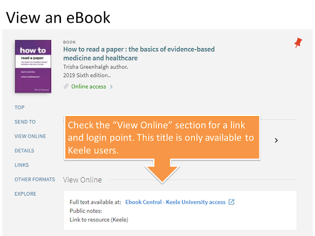 Screen-shot of an ebook showing the link to Keele access