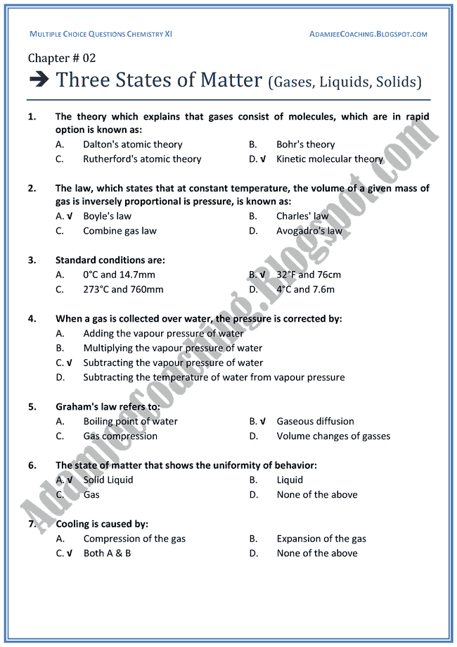 Adamjee Coaching XI Chemistry MCQs Three States of Matter Gases