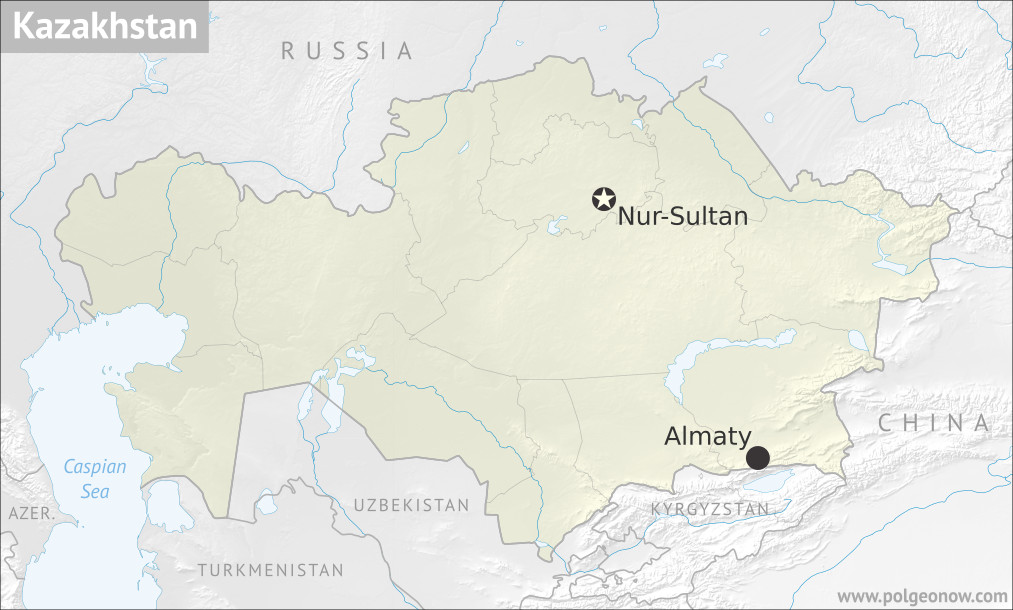 Map of Kazakhstan and the location of its capital city, Nur-Sultan (Nursultan), formerly Astana, as well as largest city Almaty