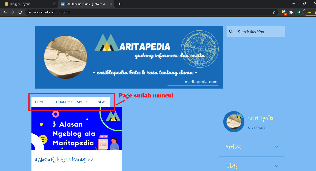 page sudah muncul di bawah header