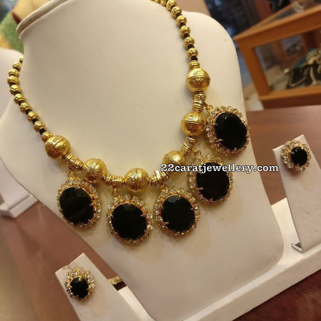 Gold Balls Necklace with Large Black Stone - Jewellery Designs