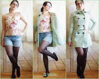Outfit Denim Shorts, Floral Corsage-Top & Mint Coat