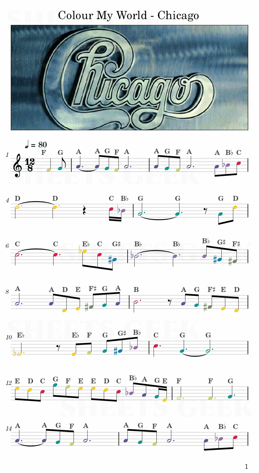 Colour My World - Chicago Easy Sheet Music Free for piano, keyboard, flute, violin, sax, cello page 1