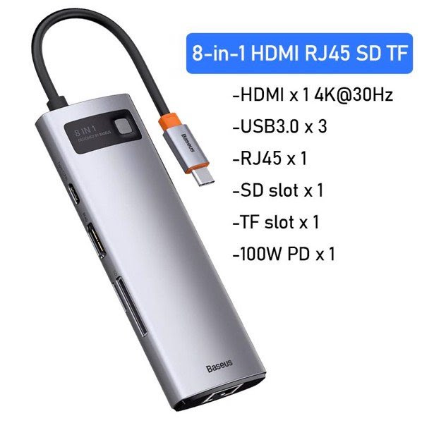 Hub chuyển đa năng Baseus Metal Gleam Series Multifunctional Docking Station ( Type-C to HDMI/ USB3.0/ LAN / SD Card Reader/ Type C PD 100W, Multifunctional HUB) -8 trong 1