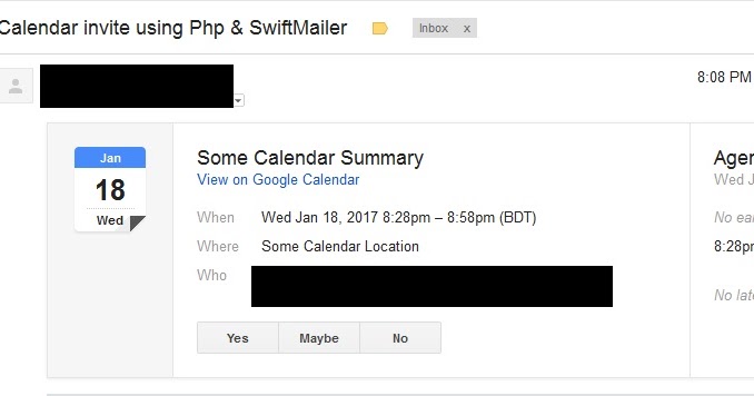 Code Samples: php Send ics calendar invite using Swift Mailer Code Samples: php Send ics calendar invite using Swift Mailer