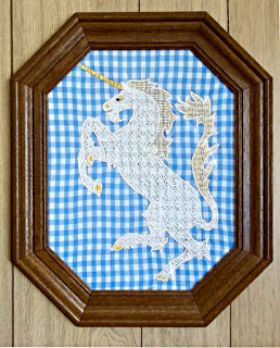 Unicorn, embroidery on checked gingham