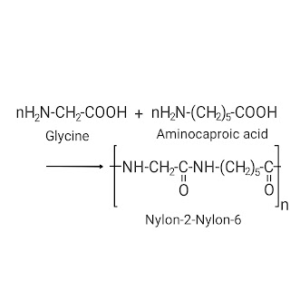 This image shows synthesis of Nylon-2-Nylon-6 from glycine and aminocaproic acid.
