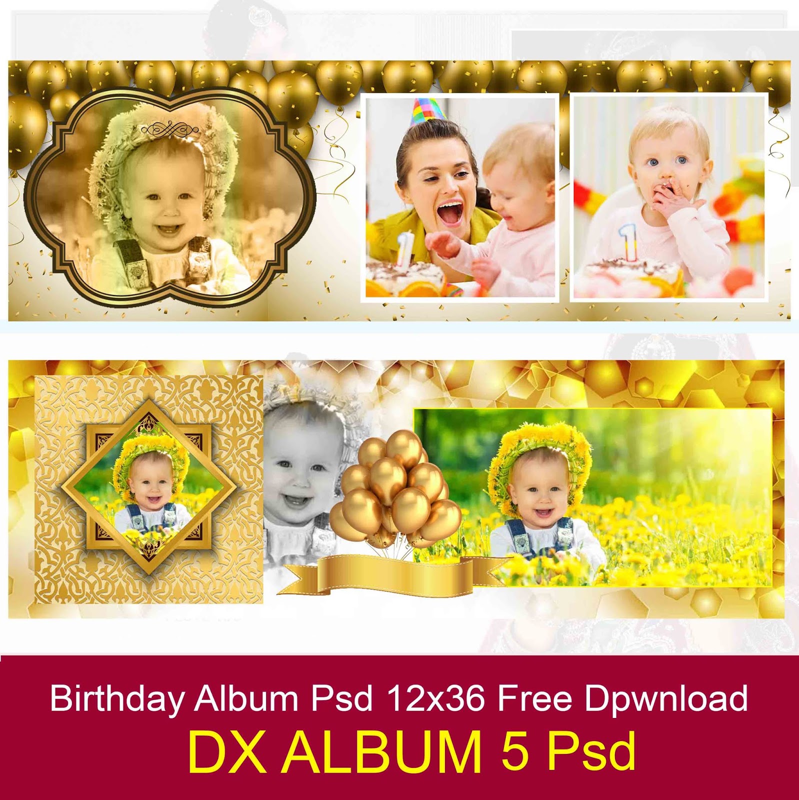 Download Dx Album Birthday Golden Backgrounds Album 12x36 Psd Template Free Download PSD Mockup Templates