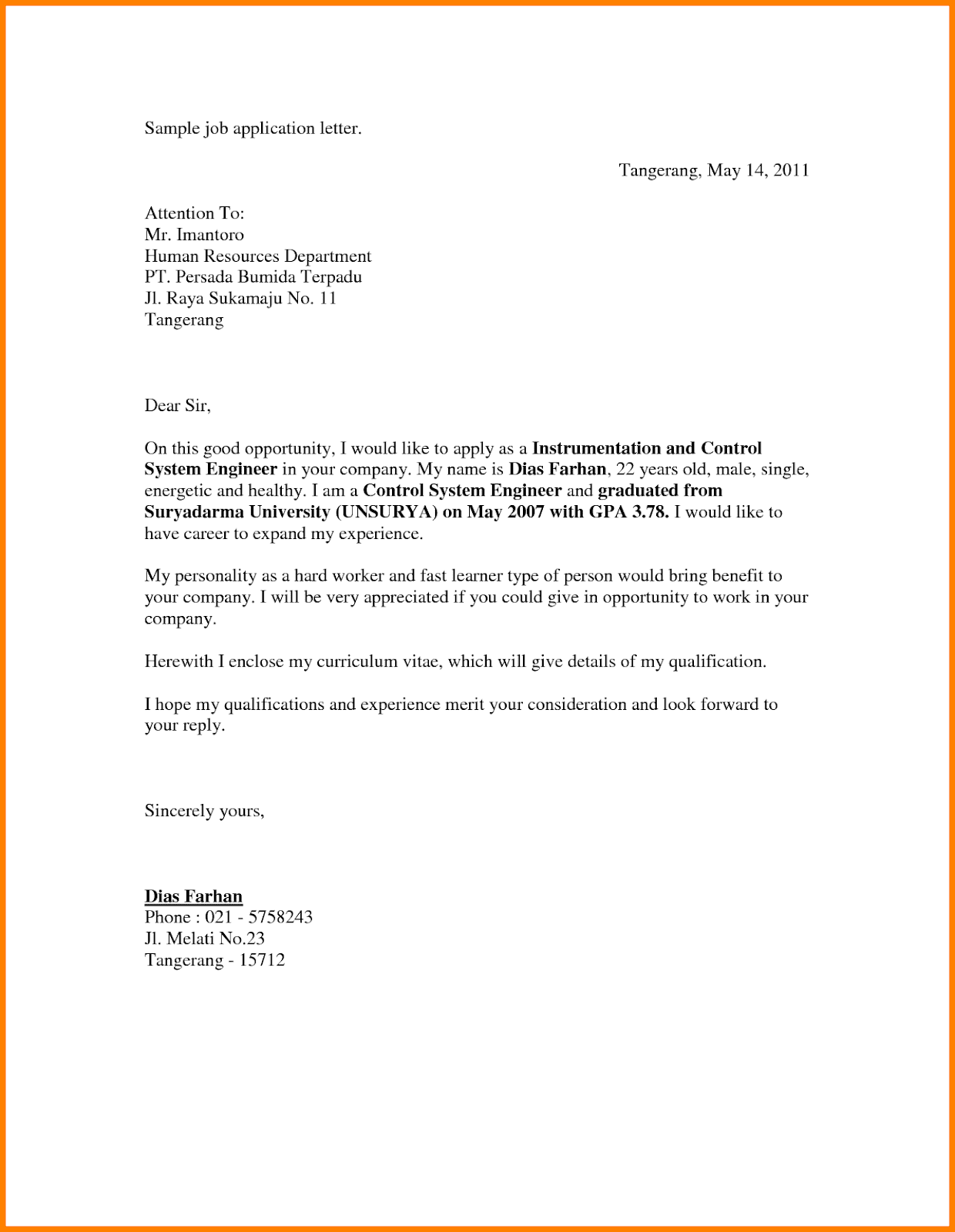 simple application letter sample for first time job seeker