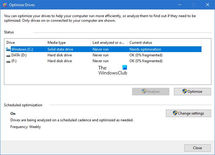 La herramienta Optimize Drives muestra Nunca ejecutar o Optimización no disponible