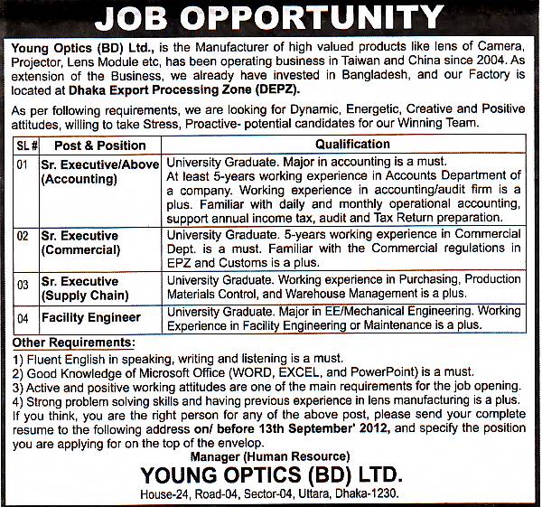Young Optics (BD) Ltd, Post Sr. Executive/ Above (Accounting), Sr. Executive All