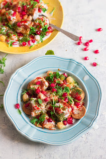 Indian street food, chaat, made with bread, yogurt, chutneys and spices