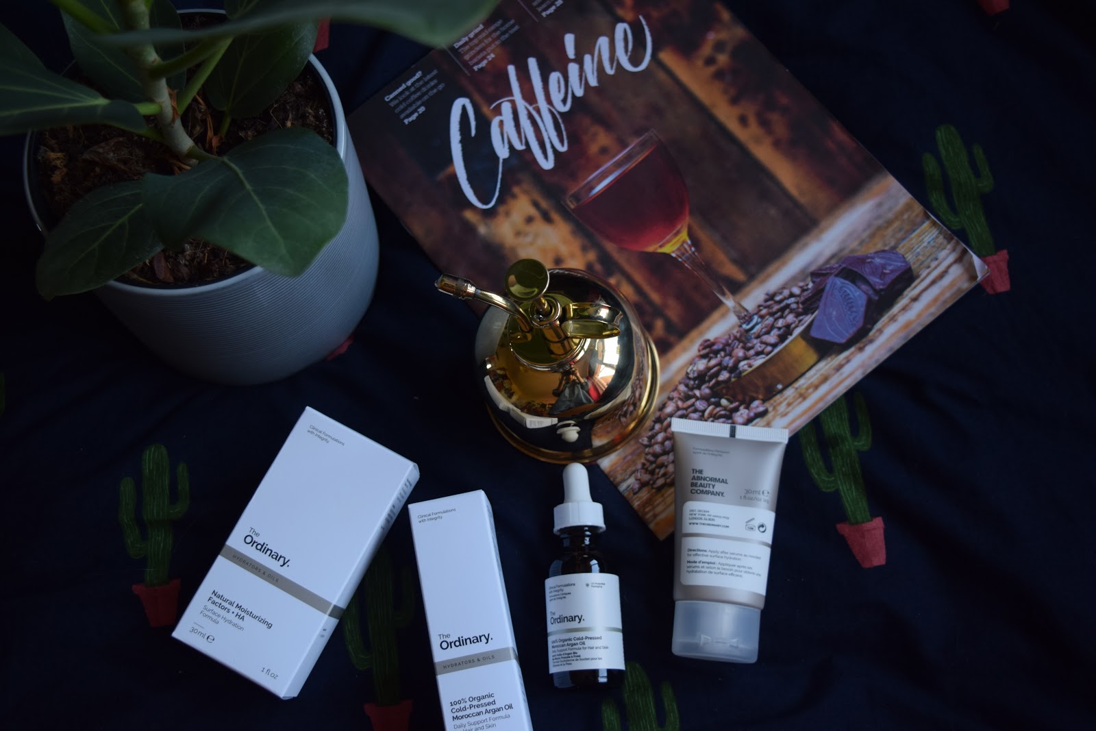 flatlay of the ordinary beauty products, a bengal fig, magazine and brass plant mister