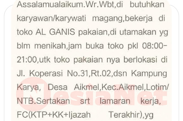 Lowongan Kerja Toko Pakaian Al Ganis Aikmel Lombok Timur NTB Lowongan Kerja Toko Pakaian Al Ganis Aikmel Lombok Timur NTB
