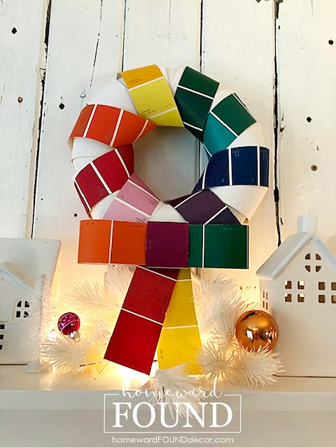 art,wall art,wreaths,holiday,Christmas,Christmas Decor,Christmas Decor Themes,color,colorful home,DIY,diy decorating,re-purposing,crafting,paper,paper crafts,Christmas wreaths,Christmas mantel decor,paint chips,paint chip crafts,paint chip wreaths,colorful Christmas decor,decorating with color,roygbiv,colorized