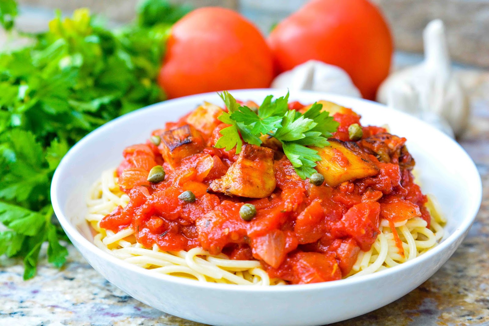 Theresa's Mixed Nuts Meatless Meal Spaghetti Marinara with Eggplant