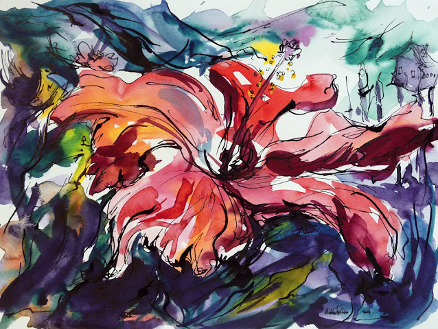 Mystery of red flowers watercolor painting by Mikko Tyllinen