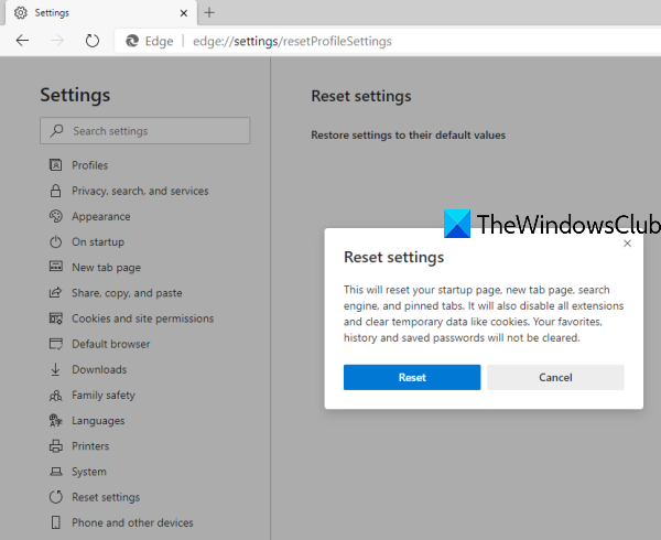 ripristinare le impostazioni di Microsoft Edge