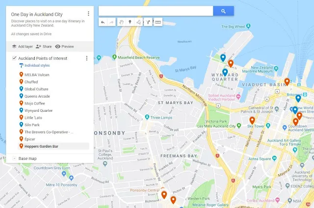 Map of things to do in one day in Auckland City New Zealand