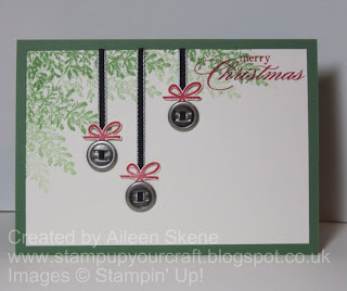 Stampin Up Ribbon Slides used as Baubles hanging from branch made with Lovely as a Tree