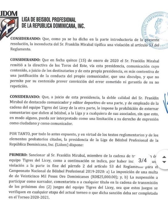 LIDOM suspende a Franklin Mirabal LIDOM suspende a Franklin Mirabal
