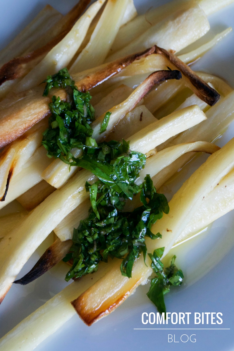 COMFORT BITES BLOG Honey Roasted Parsnips with Balsamic Chimichurri
