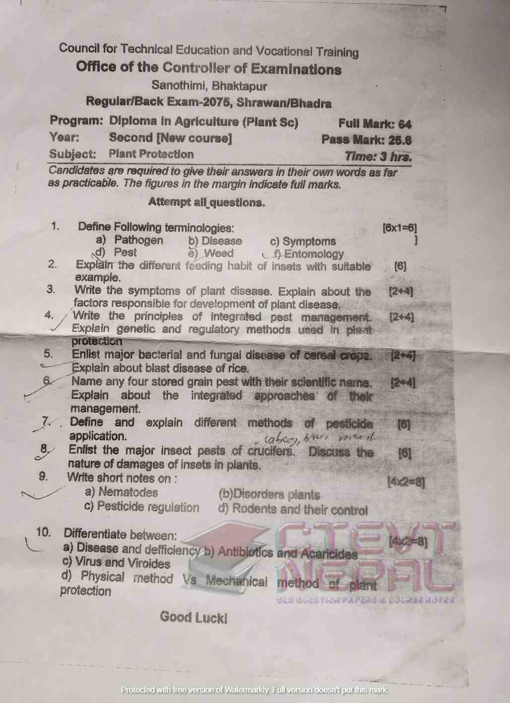 Plant Protection 2nd Year Question Papers CTEVT Diploma in