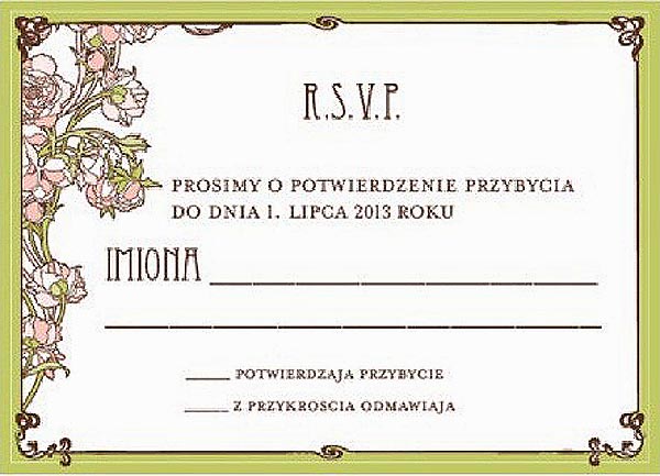 a card in a foreign language (Polish?) has the letters "R.S.V.P." placed prominently at the top