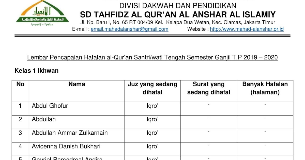 Contoh Buku Laporan Tahfidz