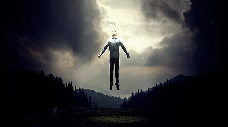 Ilustração de homem sendo levado para o céu