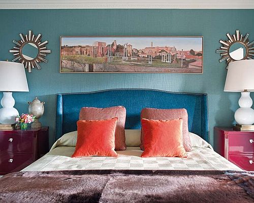 awesome coral, blue and brown bedroom