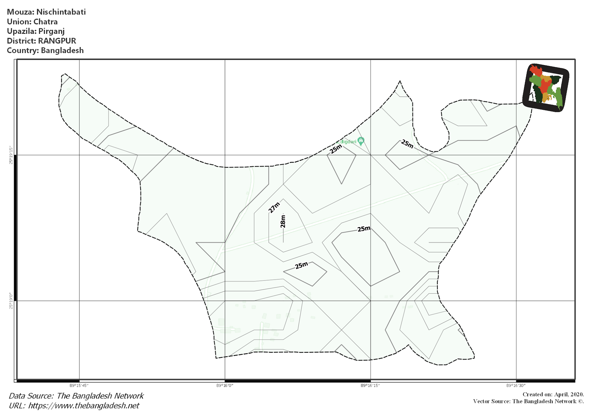 Map of Nischintabati Mouza of Pirganj Upazila, RANGPUR, Bangladesh.