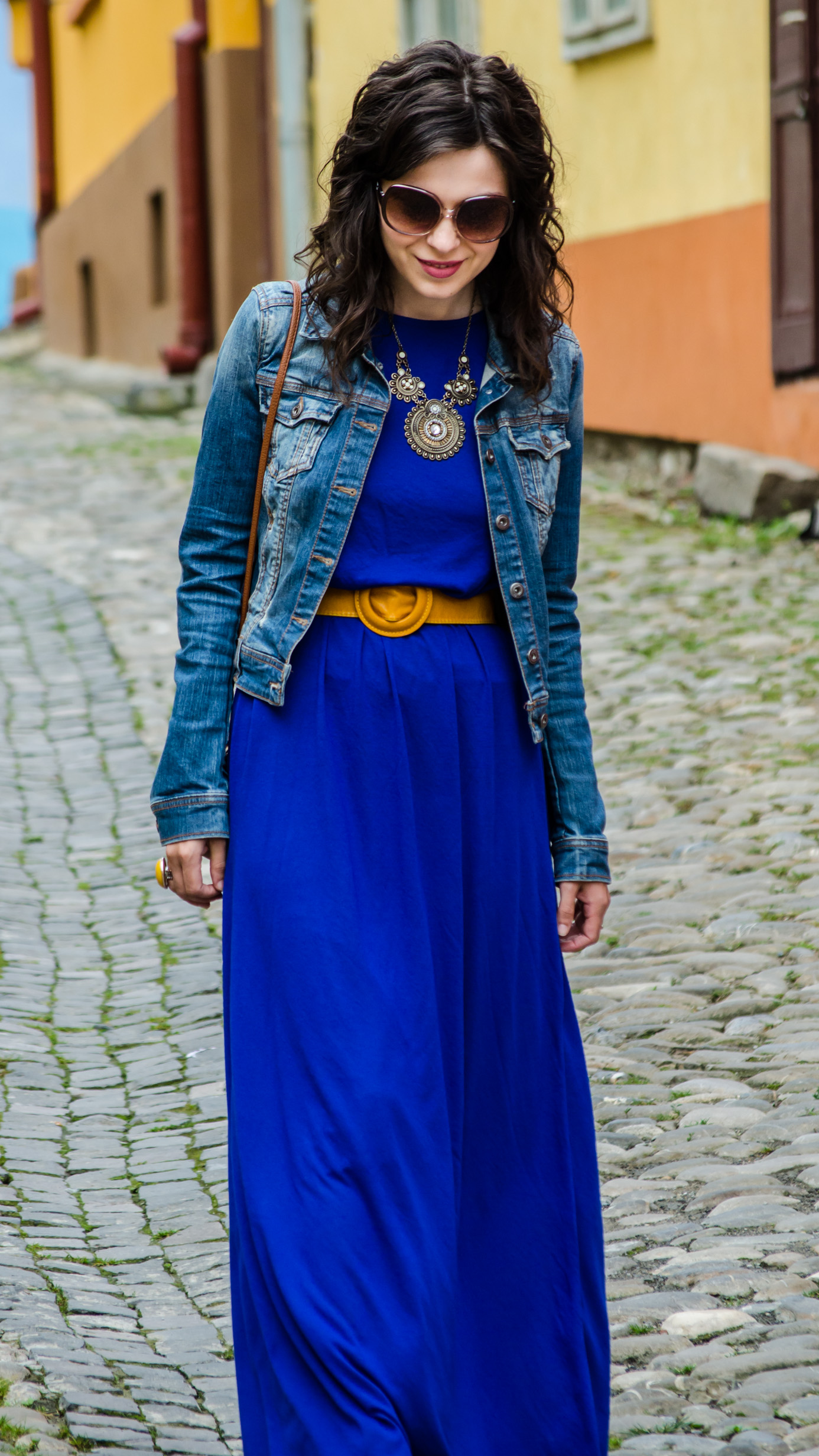 maxi dress cobalt blue mustard flats H&M belt sighisoara