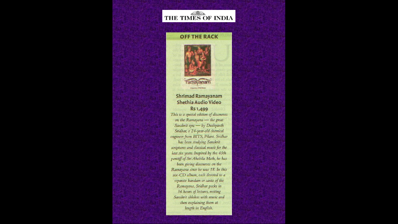 Dedicated to the newage religious speaker Sri. U.Ve.Dushyanth Sridhar Times of India Media