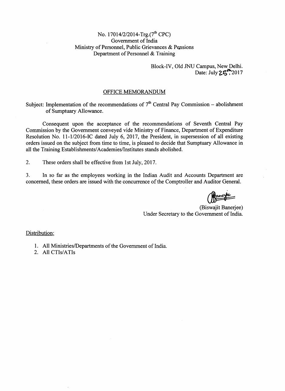 THE AIAIASP 7th CPC Allowances Order Abolishment of Sumptuary