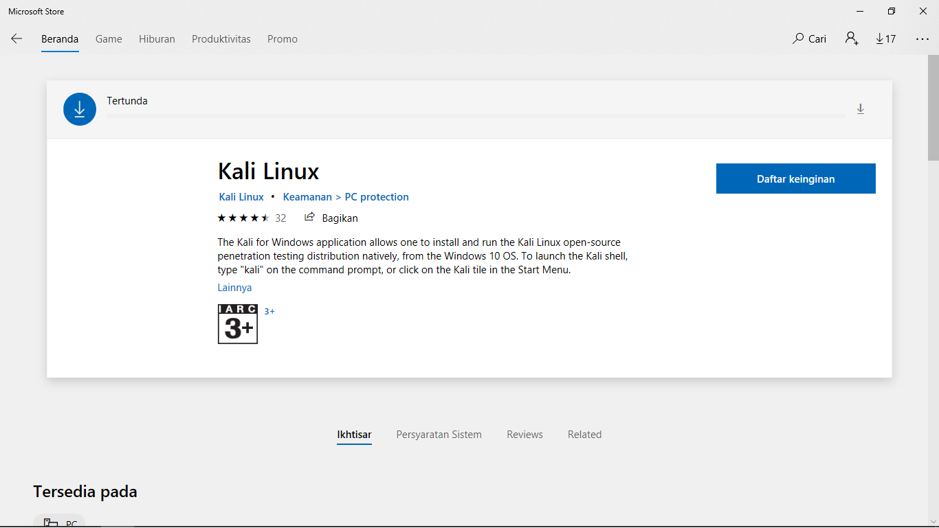 Cara install kali linux di windows 10 melalui microsoft store