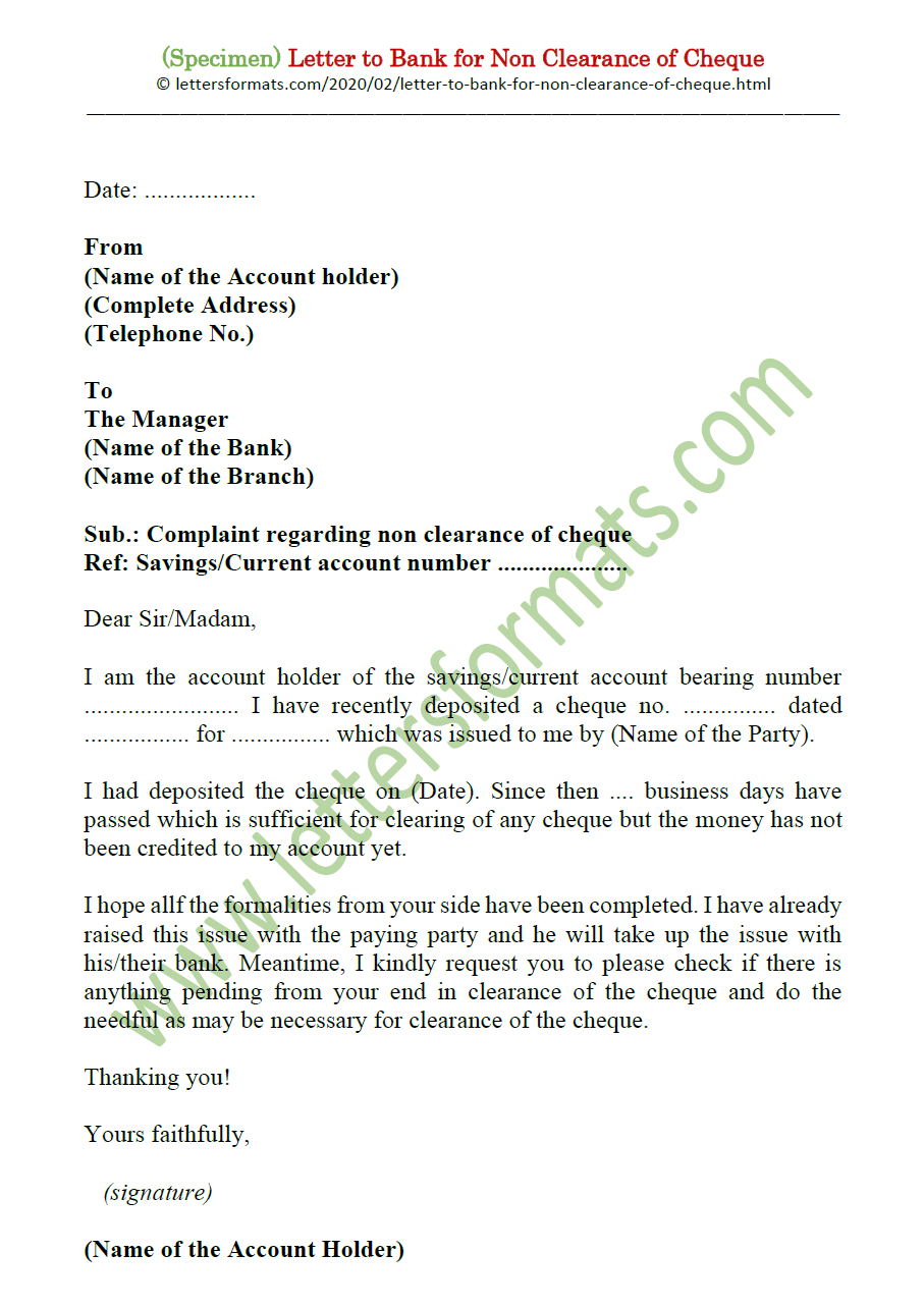 Sample Letter to Bank Manager for Non Clearance of Cheque