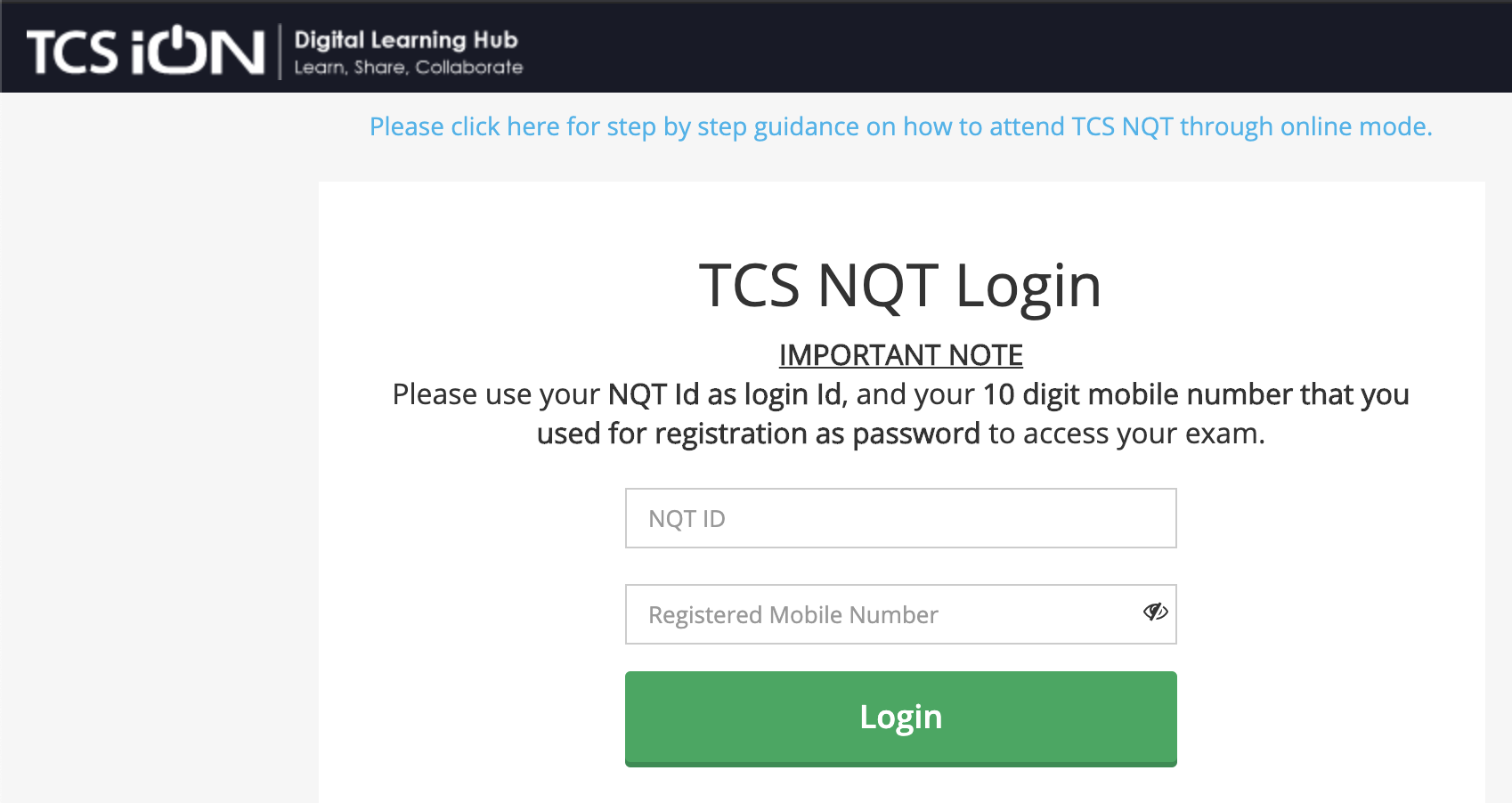TCS NQT Login Online Test Link Learning tcsionhub in Give Exam