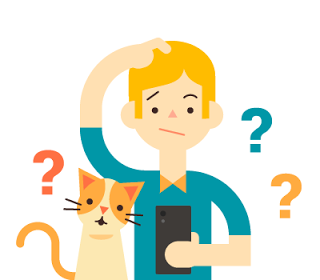 A person holding a mobile phone surrounded by question marks