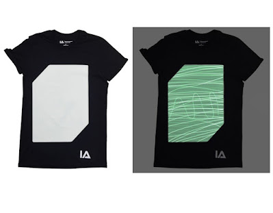 glow in the dark t-shirt A black t-shirt with a white panel. In one image the panel is blank, in the other there are lines on it as visible under UV light