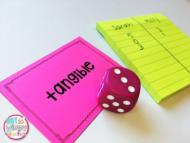 The rolling words vocabulary game only requires a die, and cards with either a vocabulary word or its definition. 