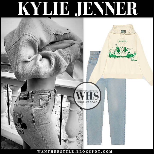 Kylie Jenner in Mickey Mouse embroidered jeans and hoodie on January 23 ~ I  want her style - What celebrities wore and where to buy it. Celebrity Style