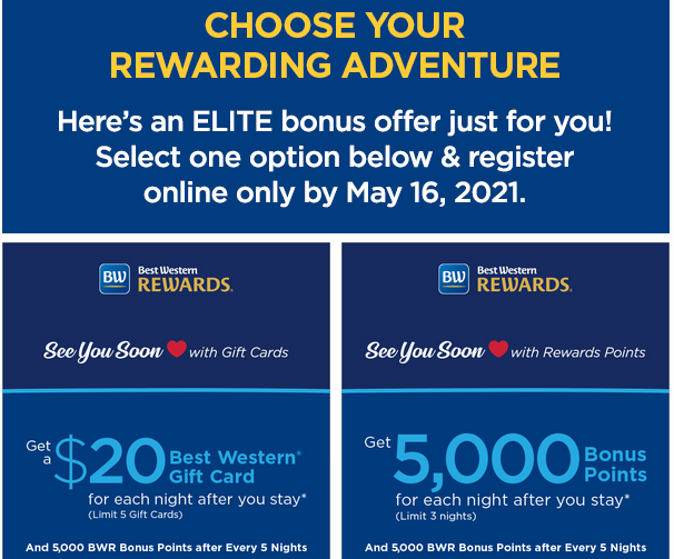 New Best Western Elite Offers 20 Best Western Gift Card per night or 5,000 bonus points per