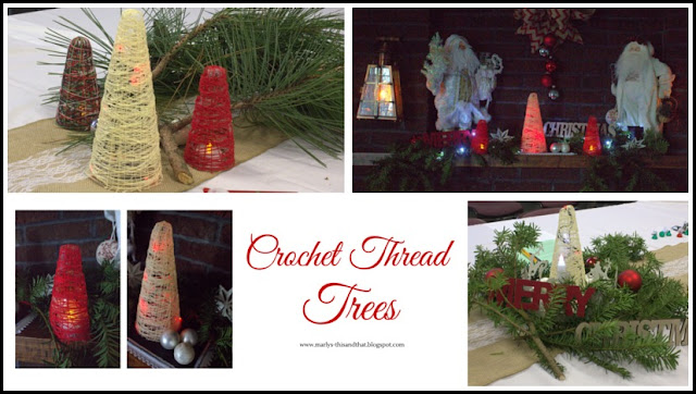Decorate your mantle of table with trees made from crochet thread.  Add battery lights from the Dollar tree to make more festive.