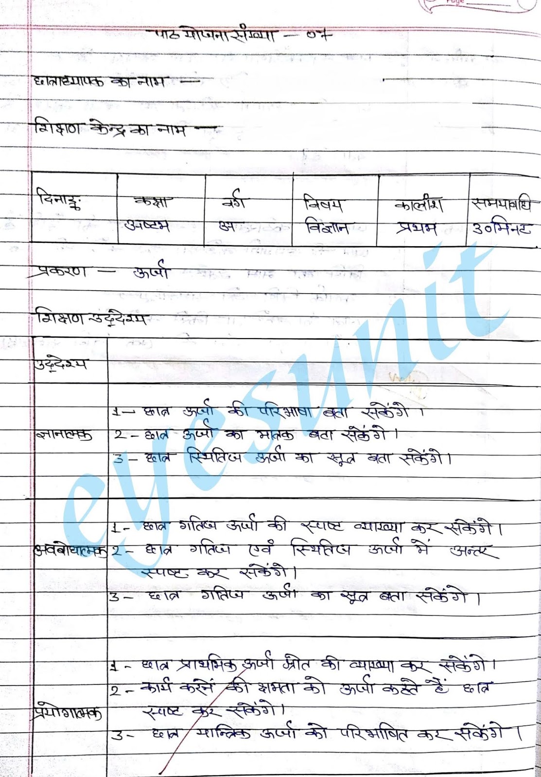 विज्ञान ऊर्जाB.ed/D.El.Ed lesson plan EyesUnit