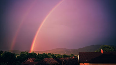 Rainbow, Sky, Houses, Hills HD wallpaper Rainbow, Sky, Houses, Hills HD wallpaper